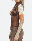 Brown Floral Mesh Top