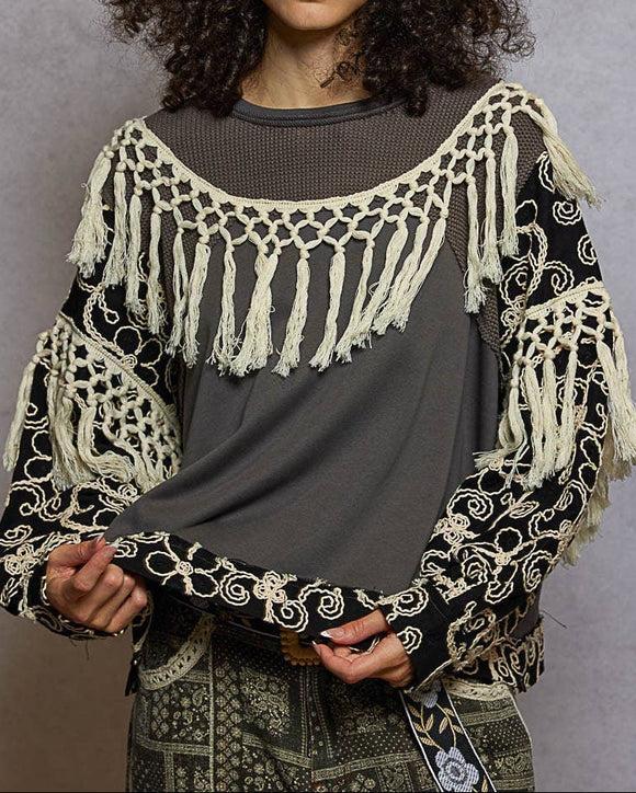 Charcoal Embroidered Top