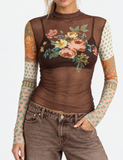 Brown Floral Mesh Top