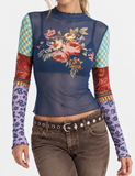Navy Floral Mesh Top