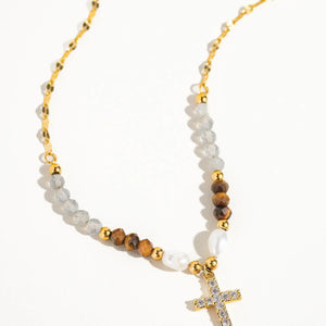 18K Beaded Cross Necklace